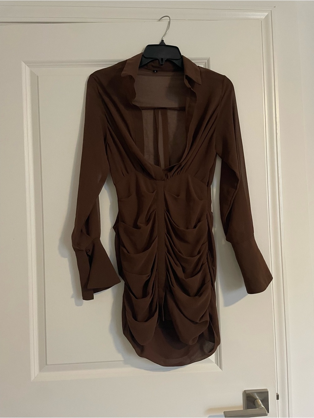 Ruched Brown Long-Sleeve V-Neck Women’s Dress